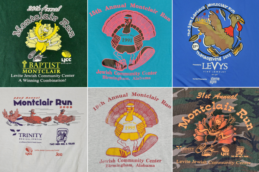 An image showing images from six previous Sam Lapidus Montclair Run t-shirts