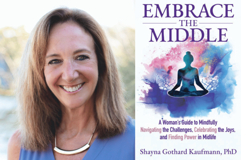 This image shows a smiling woman in long hair at left while a copy of her book cover appears at right