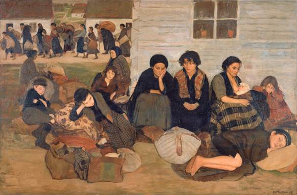 A painting of a group of Jews sitting in front of a rural building while they wait to leave in the aftermath of a program; a group in the background is already leaving the village