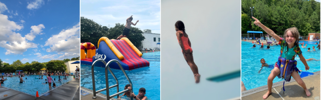 Four photos depict using a giant pool inflatable in the outdoor poo, diving off the high dive, a corner shot showing the whole pool, and a child making a dance pose while wearing an upside down life preserver around his legs
