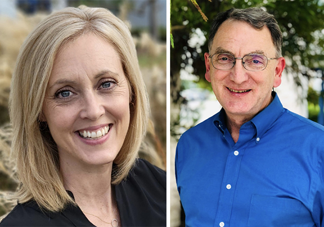 This image features two people in two separate images: The woman on the left is smiling in blond hair and a black top, and the man at right is smiling in glasses and a blue shirt