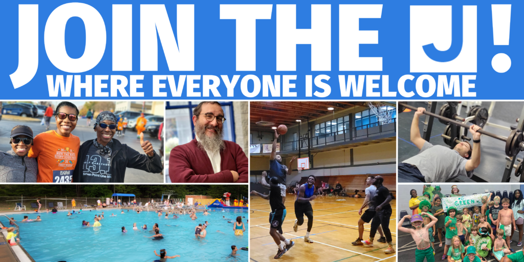 A collection of photos including happy runners, a full outdoor pool, basketball players, a weightlifter, and J Camp kids appears below an appeal to "Join The J!"
