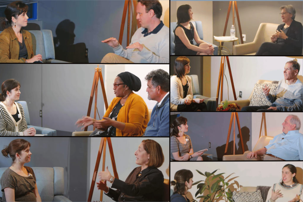 A collage of seven images shows the same "living room" interview set-up with the same interviewer, Margaret Norman, seated to the left of seven different interviewees from the first season of the Southern Jewish Voices program