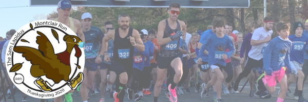 A group of runners with a turkey and a logo that says "44th The Sam Lapidus Montclair Run Thanksgiving 2020"