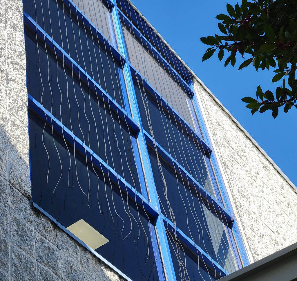 A number of cords to help mitigate bird strikes hang in front of a large window in a blue frame