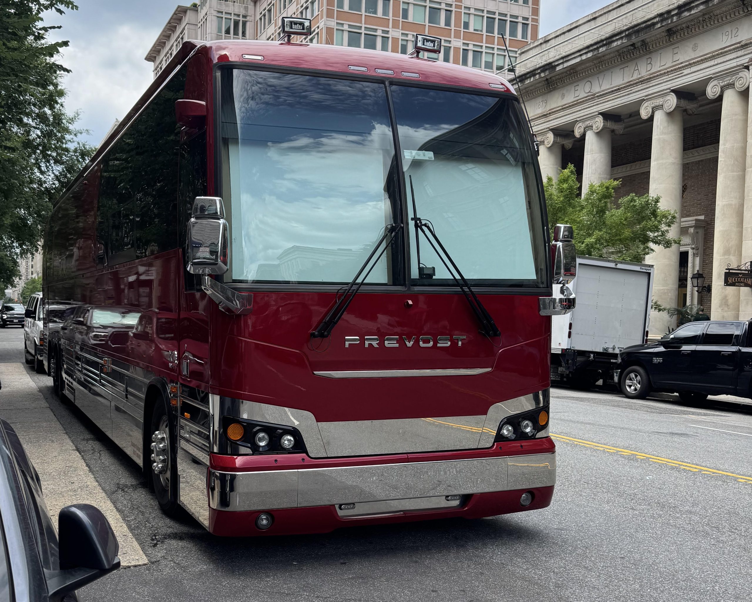 A tour bus parked on a street