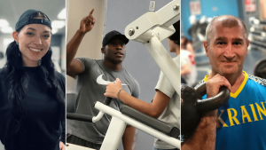 Three images show a woman in a backwards cap and sweatshirt, a man pointing skyward while training a teenager on fitness equipment, and a man in a 'Ukraine" shirt holding a kettlebell at his shoulder