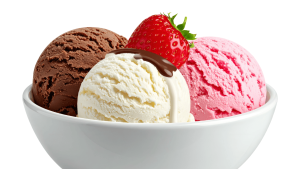A bowl with three scoops of ice cream -- chocolate, strawberry, and vanilla -- topped with a fresh strawberry
