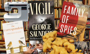 A silly montage that includes book covers, a sewing machine, and dino nuggets to represent the various O'Neal Library programs that we'll be hosting here at The J
